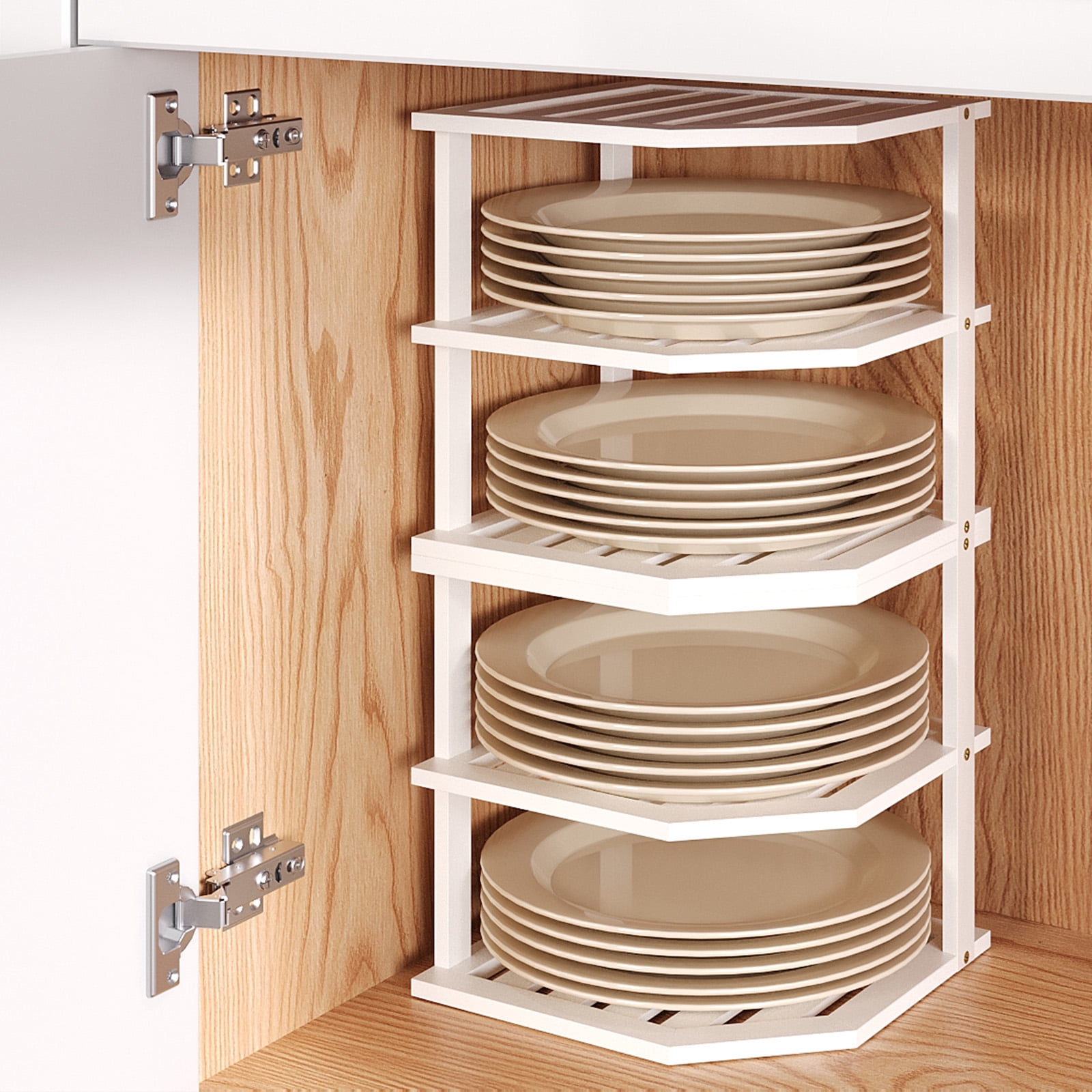 Bamboo Corner Shelf(2 Pack),3 Tier Plate Organizer for Cabinet and Countertop,Pantry Dish and Spice Rack for Kitchen(White)