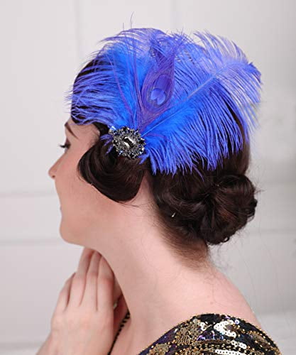 Royal Blue Black Gold Chain Ostrich Feather 1920s Headband Flapper Wedding 7578 Hairband Hair Band