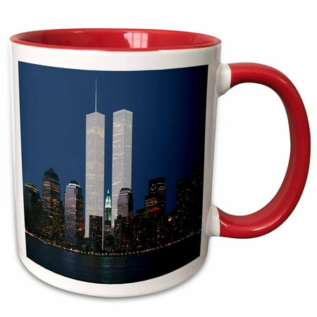 New York City Twin Tower - 3dRose New York City evening skyline featuring the Twin Towers - Two Tone Red Mug, 11-ounce