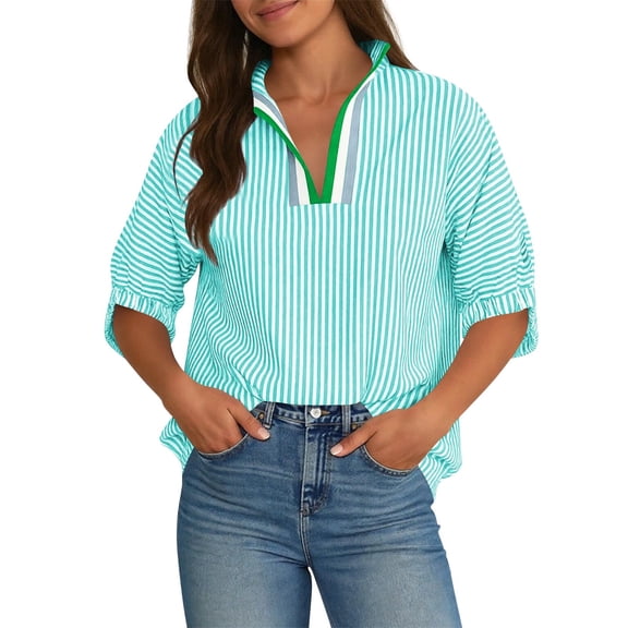 Fewfanhot Tops for Women Trendy V Neck Striped Blouse Oversized Dolman Sleeve Tops Summer Casual Loose Fit Shirts