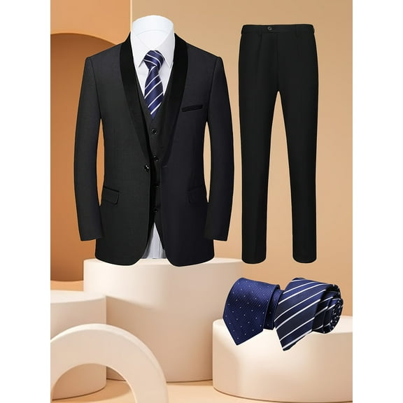 5pcs Men Suit Tuxedo Vest Pants Ties Shawl Collar Single Breasted One Button Flap Pockets for Wedding Party Special Events Dating Groomsmen Attire