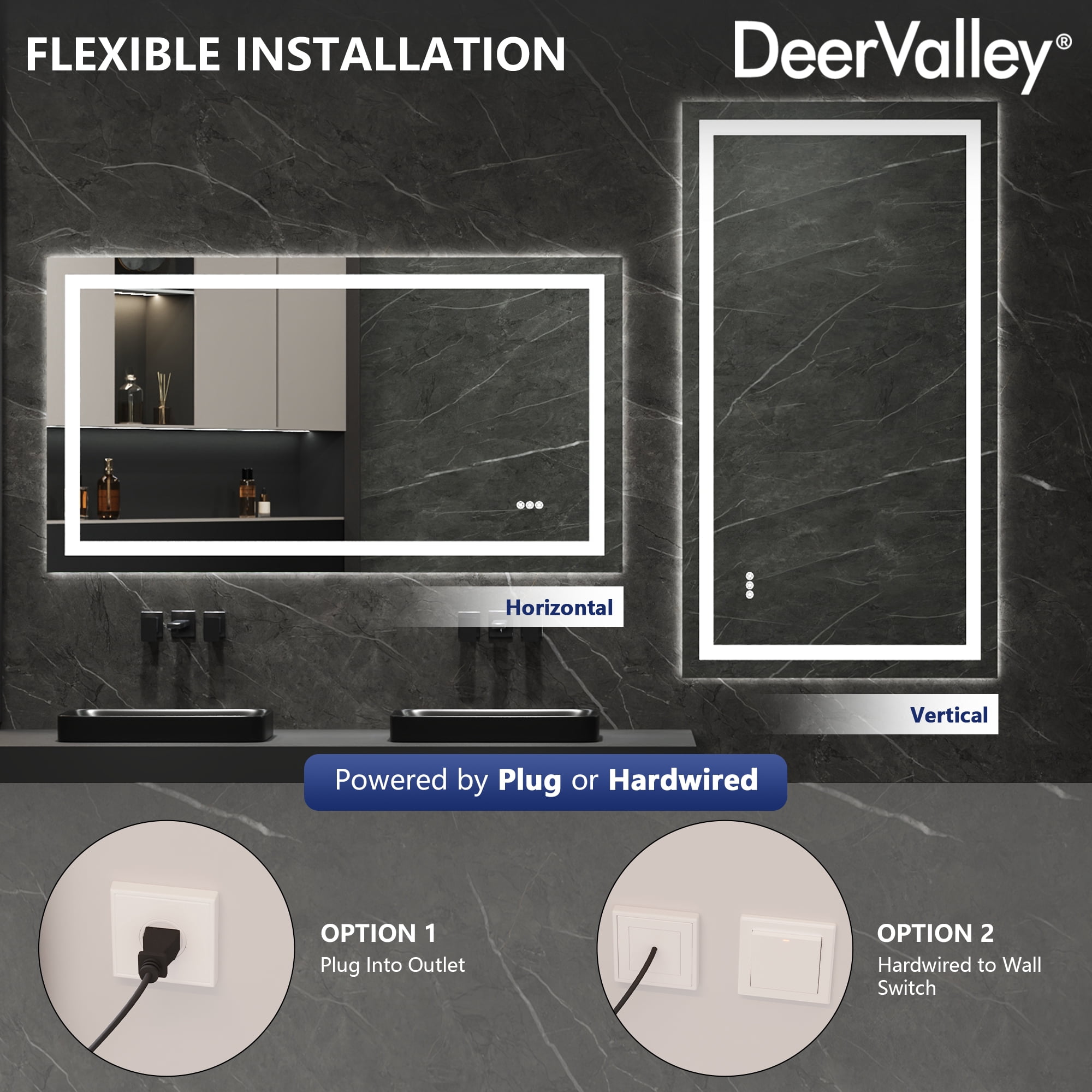 Deervalley 55"X 30" LED Bathroom Mirror With Lights, 1.5X Anti-Fog, Front And Backlit Frameless LED Mirror