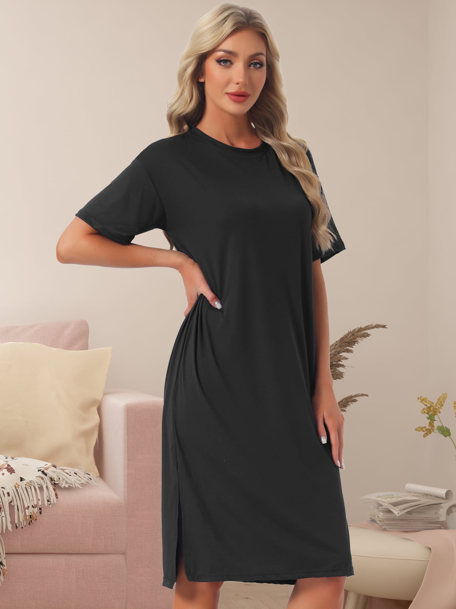 DARING DIVA Women's Casual Pajama Dress Loose Fit Short Sleeve Sleepwear L Black