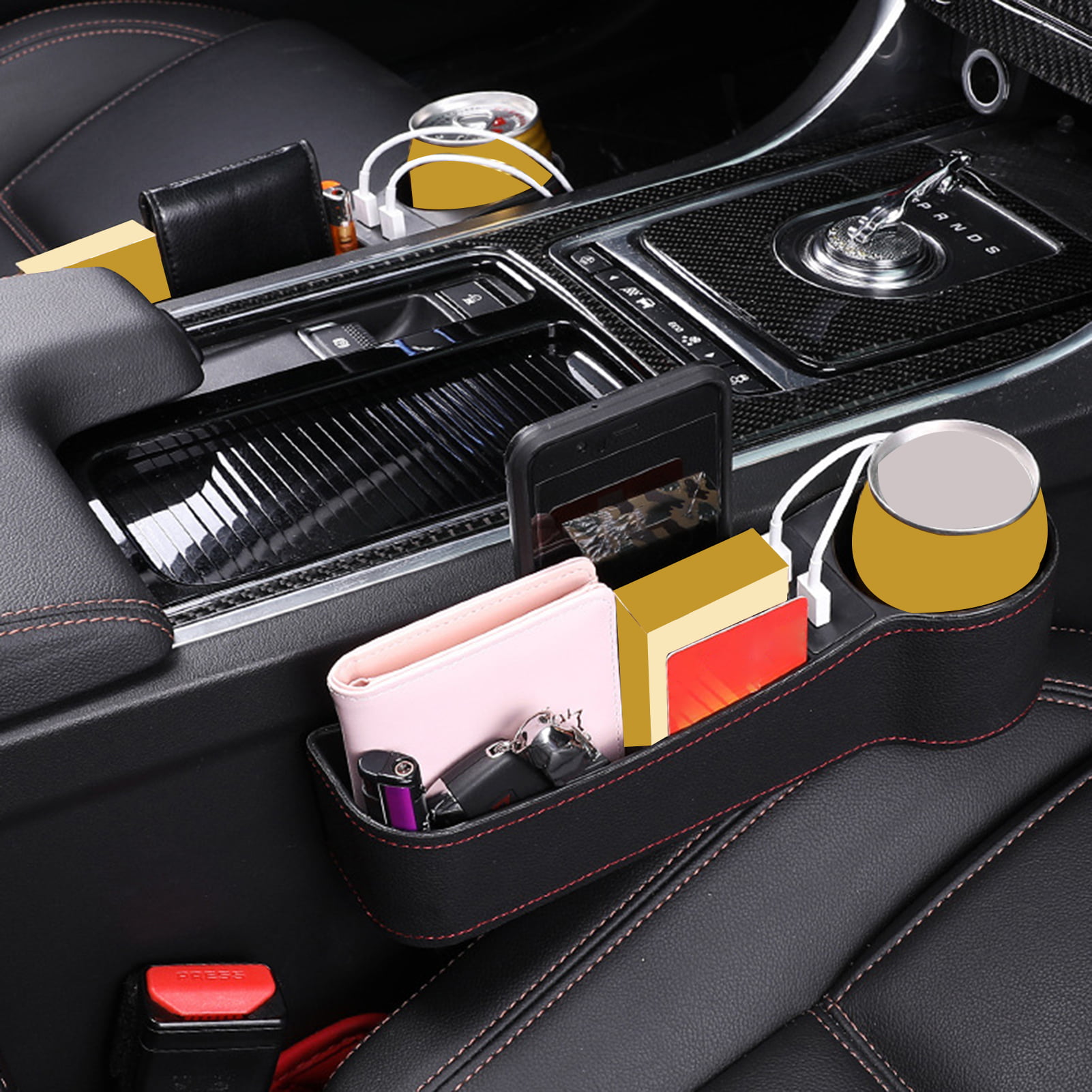 Newest Car Storage Box with Charger Cable Car Seat Gap Storage Box with  Cable for IOS/Android/Type C Dual USB Port Auto Stowing Tidying Car