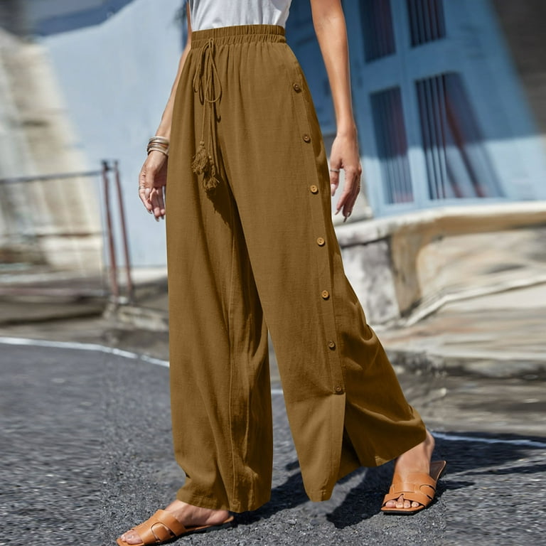 Womens Trendy Palazzo Pants Cotton Wide Leg Drawstring Solid Color Trousers  Loose Fit Side Buttons Pants (XX-Large, Khaki)