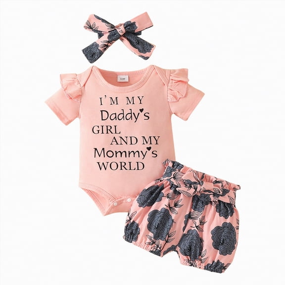 ZHANGDER Baby Girl Clothes Romper Shorts Set Ruffle Sleeve Romper and Floral Shorts with Headband Cute Romper Shorts Set, Light Pink 3-6 Months