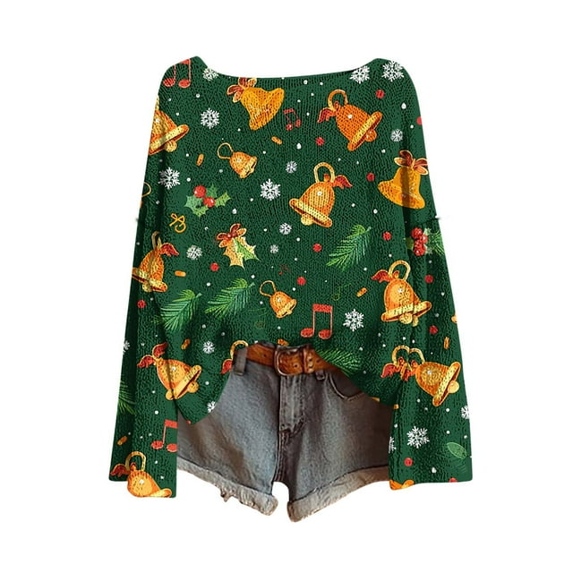 Lcziwo Chandail Boho de Noël pour Femmes, Mode Décontractée, T-Shirts à Col Rond, Tricoté, Ample, Rétro, Blouse à Imprimé Graphique, Style Western Ethnique, Chandail Ample, Hauts, Vert, m