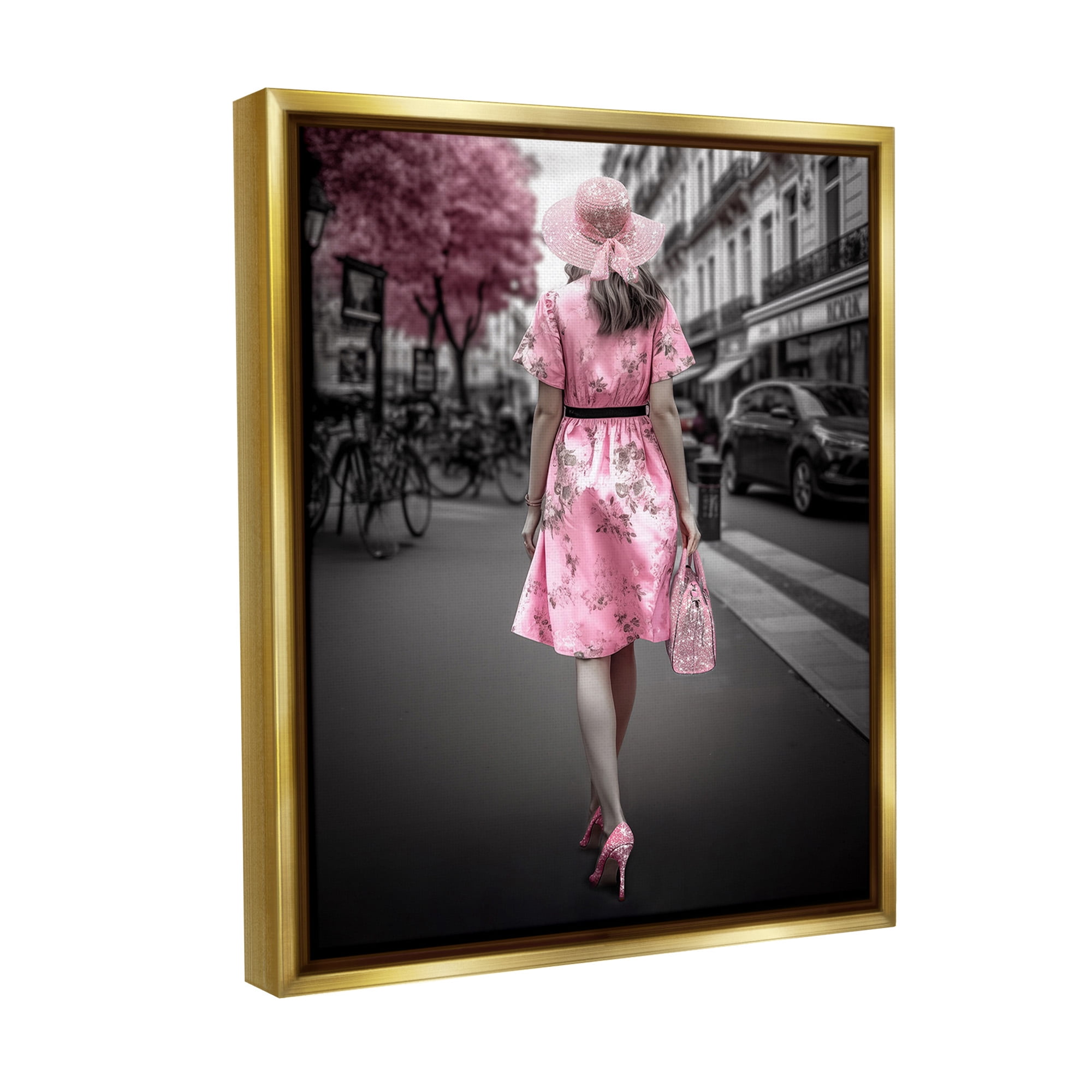 Stupell Industries Trendy Woman in City Travel & Places Painting Gold Floater Framed Canvas Art Print Wall Art, 25 x 31