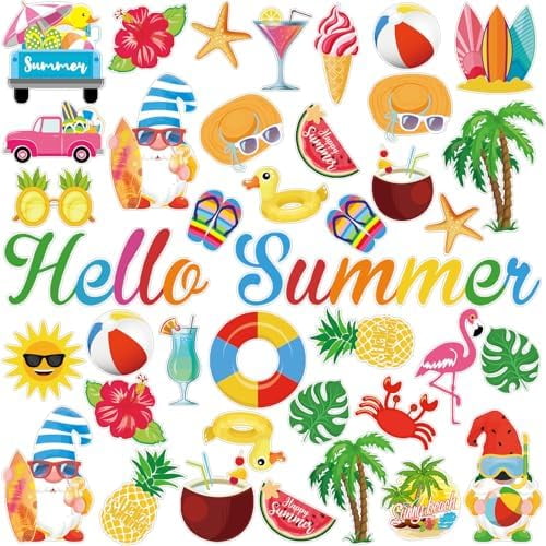 55 Pcs Hello Summer Window Gel Clings, Hawaiian Thick Reusable Pool Gnome/Ice Cream Decals. Home Decor, Etc.