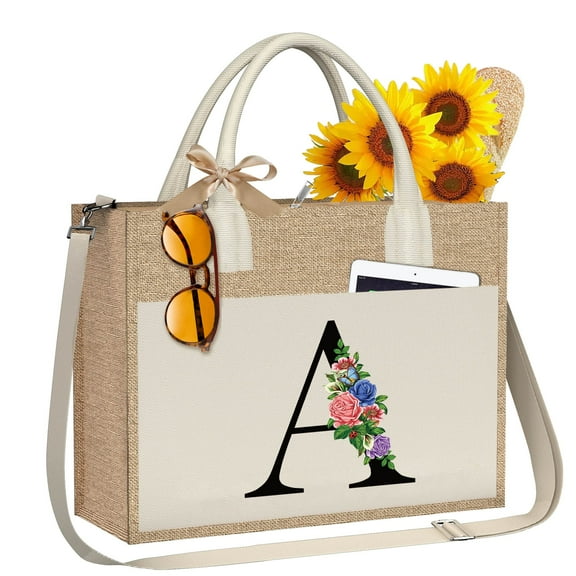 Initial Jute Tote Bag for Women Girls Zipper Pocket Adjustable Strap Personalized Beach Tote Bag for Women Girls Birthday Gifts