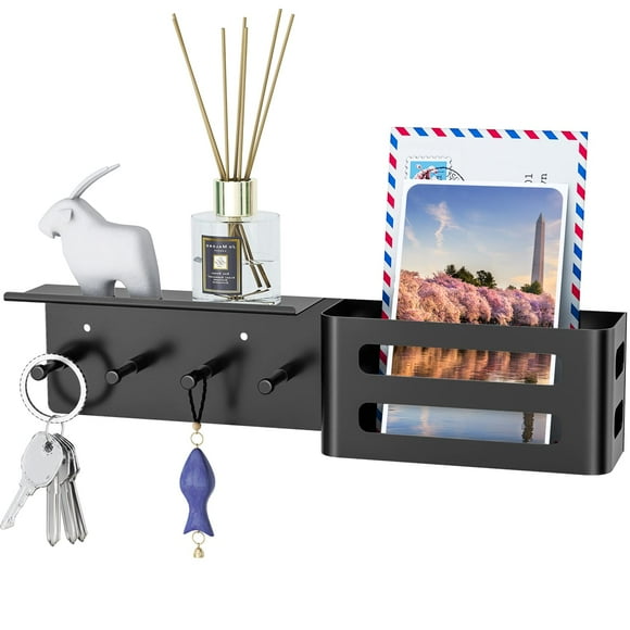 MKO Key Holder for Wall Decorative, Mail Organizer Key Rack with Tray, Key Hanger for Entryway Hallway Kitchen Farmhouse Decor,Stainless Steel Key Hooks Mail Holder Wall Mounted, 4 Hooks(Black)