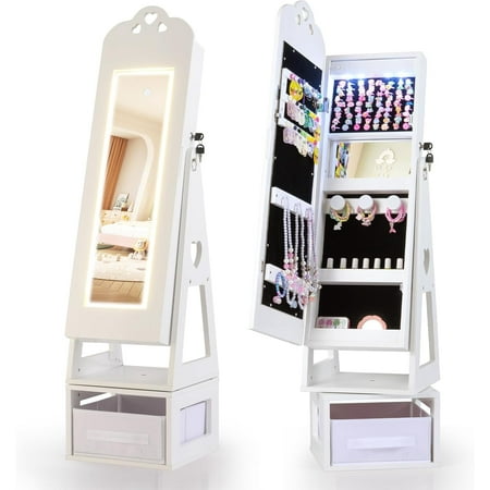 INFANS Kids Jewelry Armoire Cabinet 360° Swivel Lockable Standing Makeup Organizer with Interior Lights Rotatable Full-Length LED Vanity Mirror with Foldable Fabric Drawer for Girls