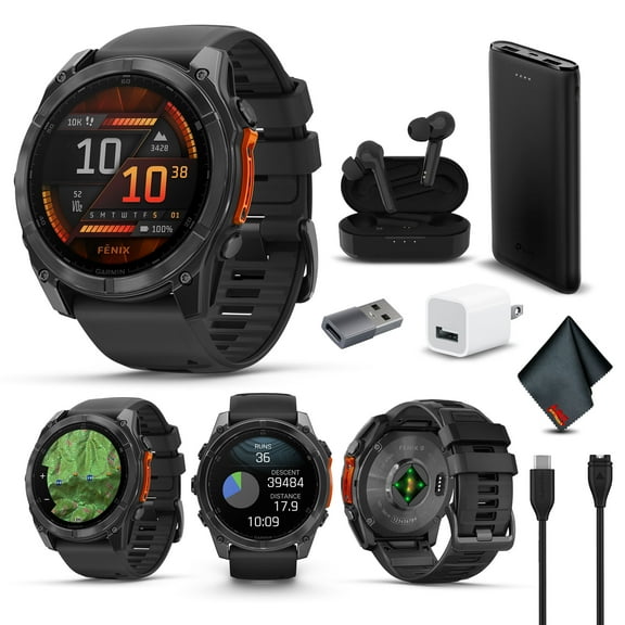 Garmin Fenix 8 51MM AMOLED Multisport GPS Smartwatch Slate Gray with Black Silicone Band, Built-in LED Flashlight, Fitness & Health Smart Watch Bundle for Men & Women