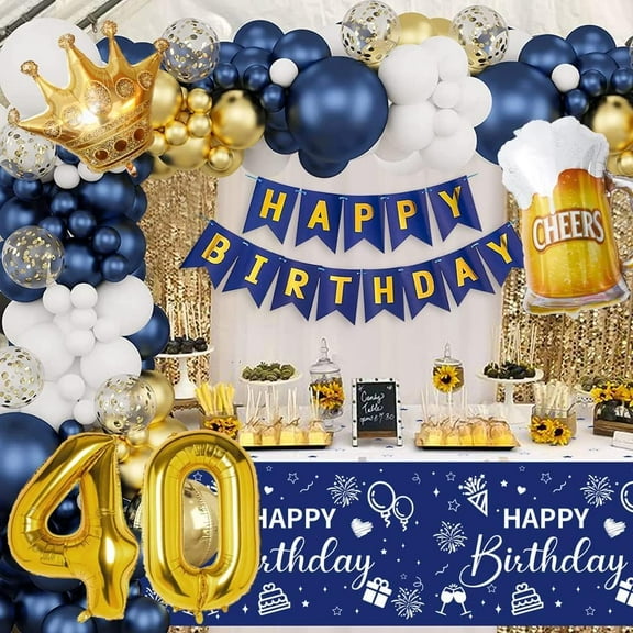 AYUQI Blue Gold 40th Birthday Decorations Navy Blue Gold Happy 40th Birthday Banner Balloons Arch Kit 40 Foil Balloon for Men Women 40th Birthday Party Supplies