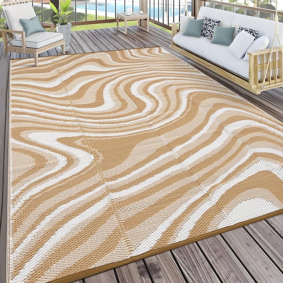 Hasoo 8' x 10' Brown/White Outdoor Rug for Patio Decor Waterproof Plastic Straw Modern Geometric Carpet PP Tube Woven Portable Camping Mat for Picnic Balcony
