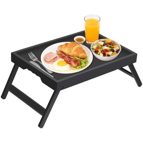 Promitop Large Bamboo Bed Tray Table Folding Legs Breakfast Tray Laptop Desk Black