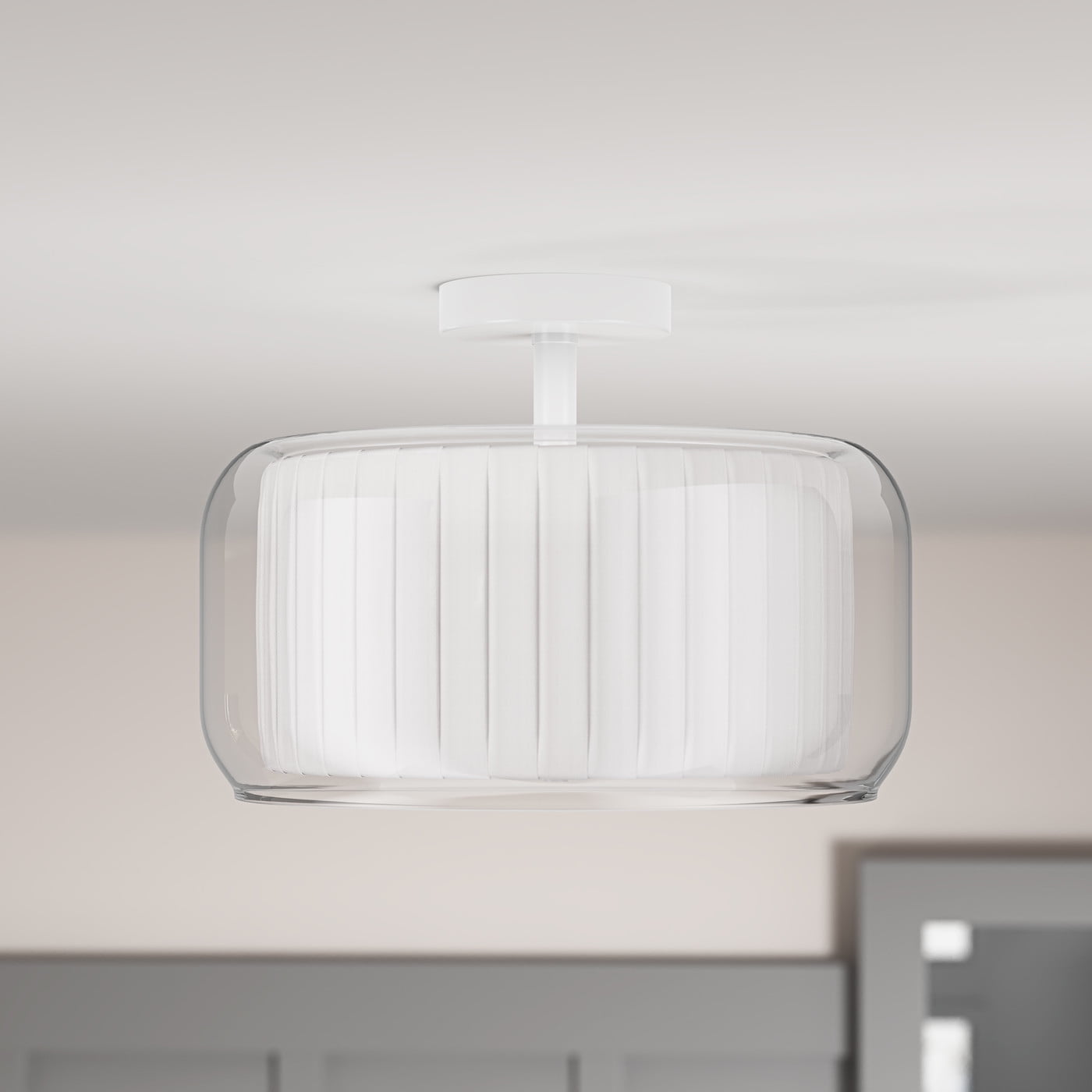 Aiwen Semi Flush Mount Ceiling Light Modern Lighting Off-White Rustic Drum Shape Ceiling Lighting with Clear Glass and Fabric Shade