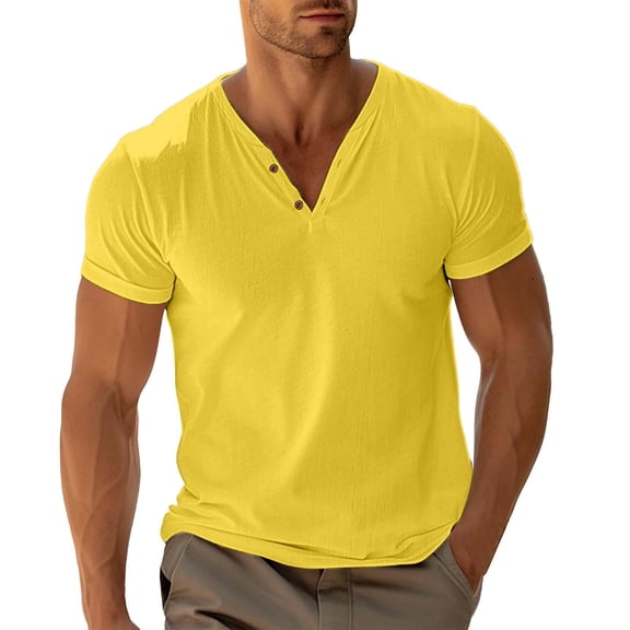 KHONTS Men's Henley Collared Shirts Slim Fit Short Sleeve Fashion Tops Tee Basic Classic Summer V-Neck T Shirts Yellow XL