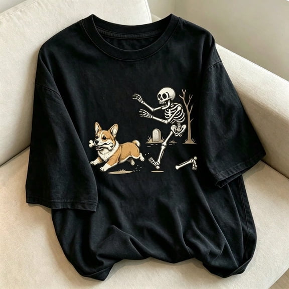 T Shirt Funny Skeleton Chasing Corgi Dog Graphic Print Casual Unisex Adult Summer Streetwear Gift Cotton Men's Women's Tee Shirt