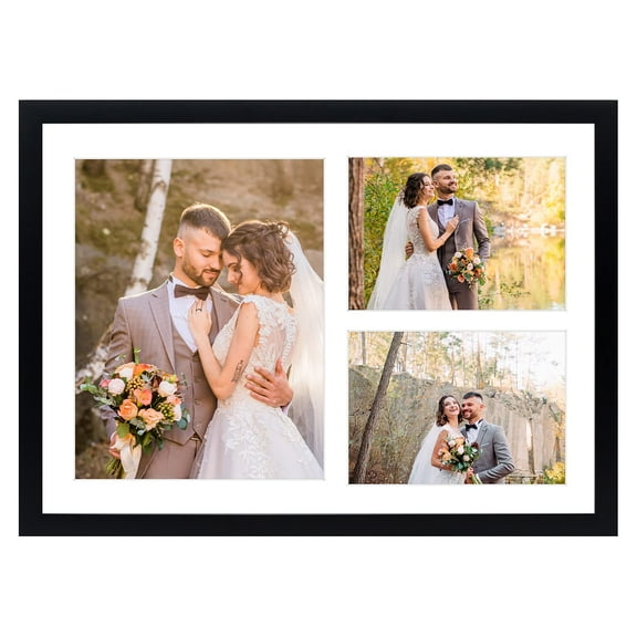 Mat Board Center 12x17 Black Collage Picture Frame, 3-Opening to Display 8x10 and 5x7 Photos