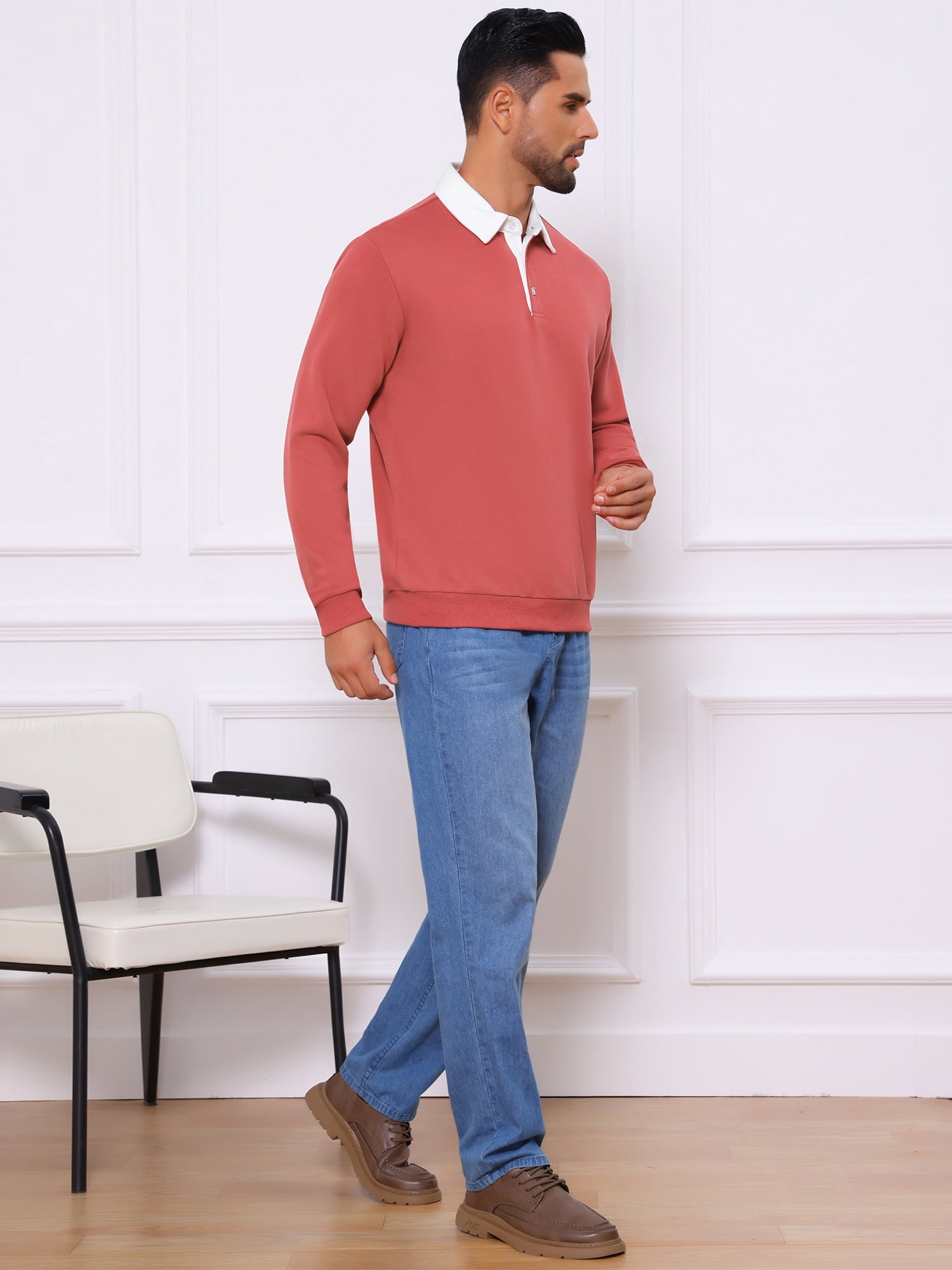 DARING DIVA Men's Contrast Collared Long Sleeves Pullover Polo Sweatshirt M Red
