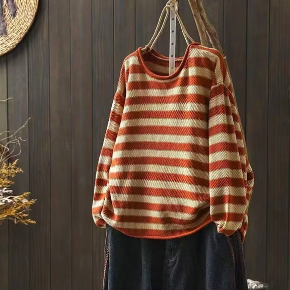 Fznquz Oversized Tshirts for Women Crewneck Long Sleeve Striped Orange Shirts Loose Fit Trendy Spring Women's Fashion,XXL