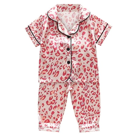 

Toddler Kids Baby Boys Girls Satin Short Sleeve Cartoon Button Down Shirt Tops + Long Pants Silk Pajamas Sleepwear Outfits Loungewear Set Matching Mom And Baby Pajamas Clothes 4t