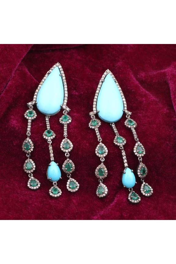 Natural Turquoise Emerald,Diamond Gemstone 925 Sterling Silver Earrings