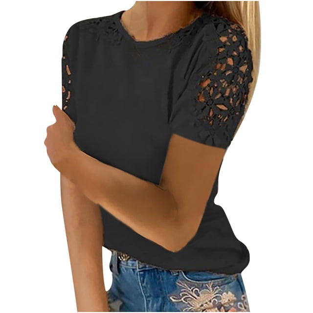 Dealovy T-Shirts Grande Taille pour Femmes à Manches Courtes, Décontractés, Confortables, Col Rond, en Dentelle, Couleur Unie
