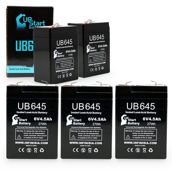 5x Pack - Compatible Interstate Batteries PC640 Battery - Replacement UB645 Universal Sealed Lead Acid Battery (6V, 4.5Ah, 4500mAh, F1 Terminal, AGM, SLA) - Includes 10 F1 to F2 Terminal Adapters
