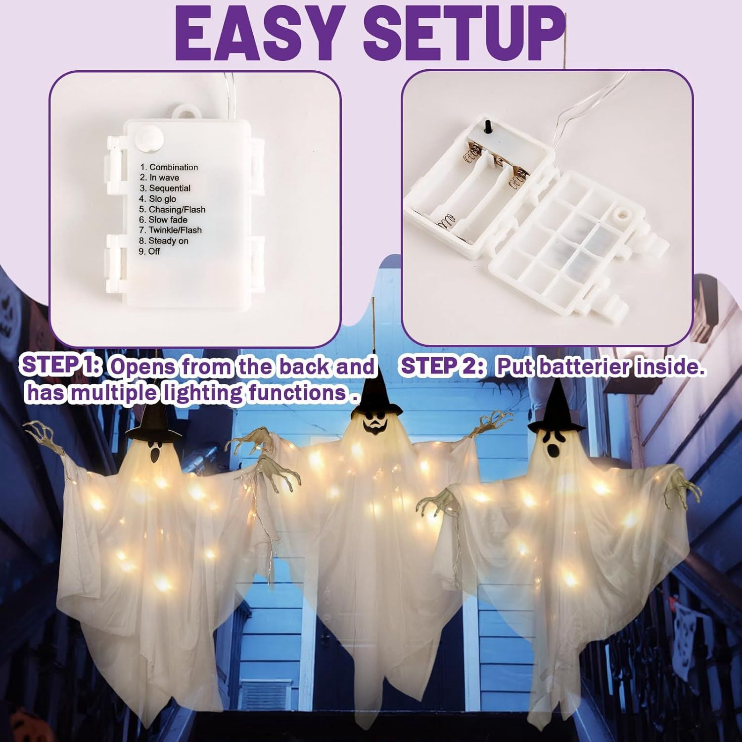 2 Pack Hanging Ghost Decorations 70cm with 8 Mode Lights for Indoor Outdoor