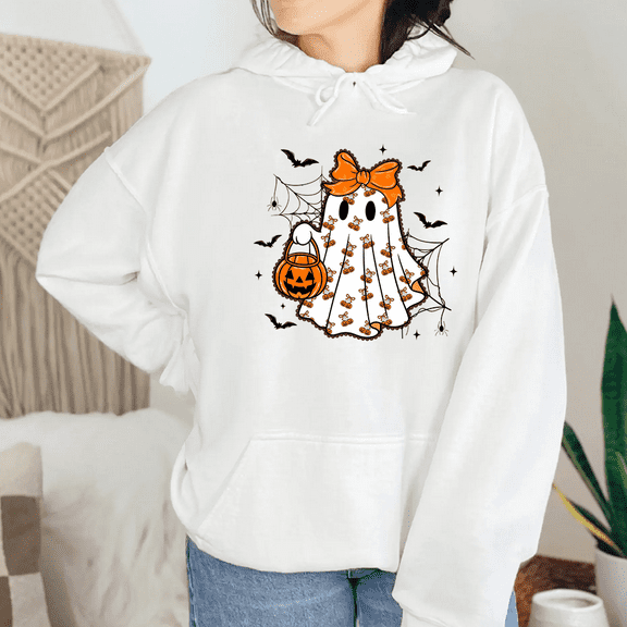 Coquette Lace Ghost Long Sleeve Tops Cute Spooky/Boo Season Hooded Casual Sweatshirts Cotton Shirts for Halloween Gift White,S