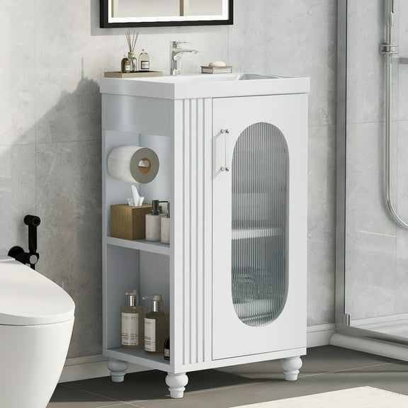 20-inch Bathroom Vanity with Ceramic Sink, Black Storage Cabinet with Two-Tier Shelf, Adjustable Shelf, Solid Wood and MDF