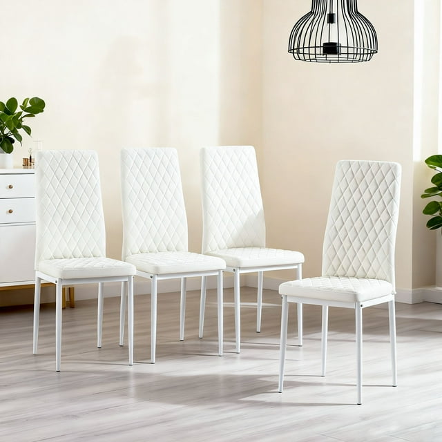LHYY Modern Dining Chair Fireproof Leather Sprayed Metal Pipe Diamond Grid Pattern Restaurant Home Conference Chair Set (4 packs) white