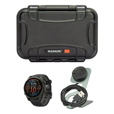 Garmin fenix 8 43mm GPS Smartwatch (Carbon Gray DLC Titanium and Black-Pebble Gray) Bundle with Waterproof Hard Case (Black) and Focus Camera Charger Stand for Garmin Smartwatches (3 Items)