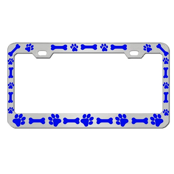 Dog Paws with Bones Style Heavy Duty Metal License Plate Frame Personalise/Car Accessories Car Tag Holder Cover (Chrome/Line Blue)