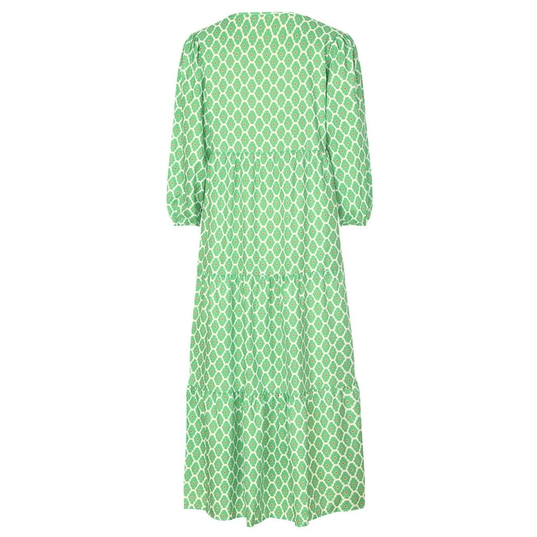 Summer Dress Saving! Women's Casual Three Quarter Sleeve Bohemian Floral  V-Neck Puff Short Sleeve Beach Tiered Sundress Long Swing Dress Green L -  Walmart.com