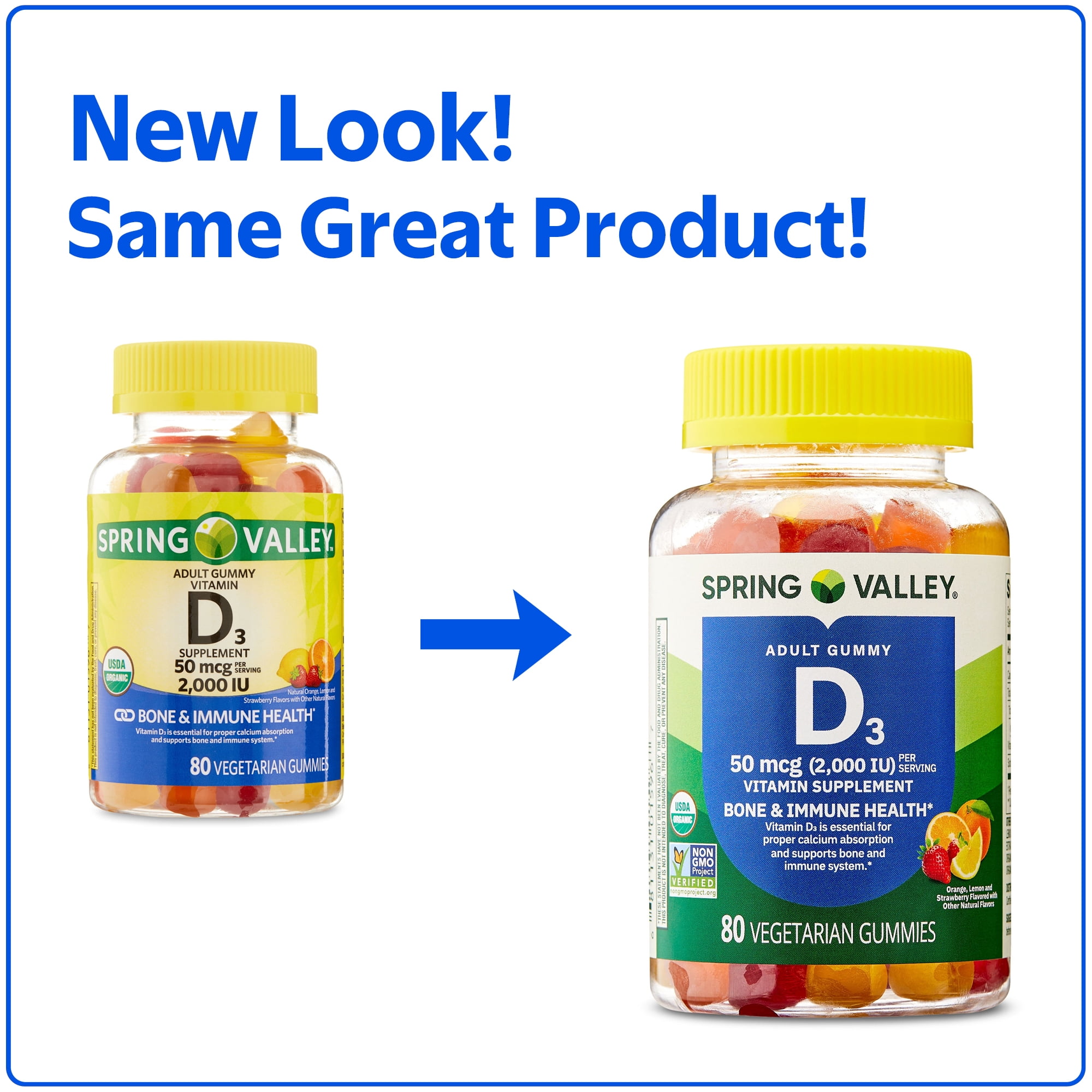 Spring Valley Vitamin D3 Gummies, 50 mcg (2000 IU), 80 Count, Supplement for Bone and Immune Health, Assorted Flavors