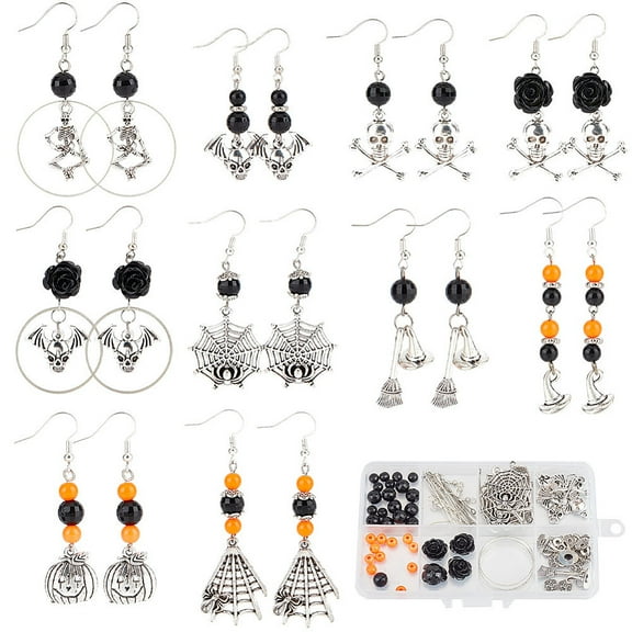 DIY Halloween Theme Earrings Making Set Pumpkin & Skull & Spider & Broom Alloy Pendants Synthetic Coral Flower & Acrylic Beads Brass Earring Hooks Mixed Color 166Pcs/box