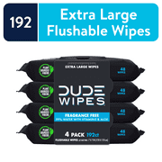 DUDE Wipes Unscented XL Flushable Wipes, 4 Flip-Top Packs, 48 Wipes per Pack, 192 Total Wipes