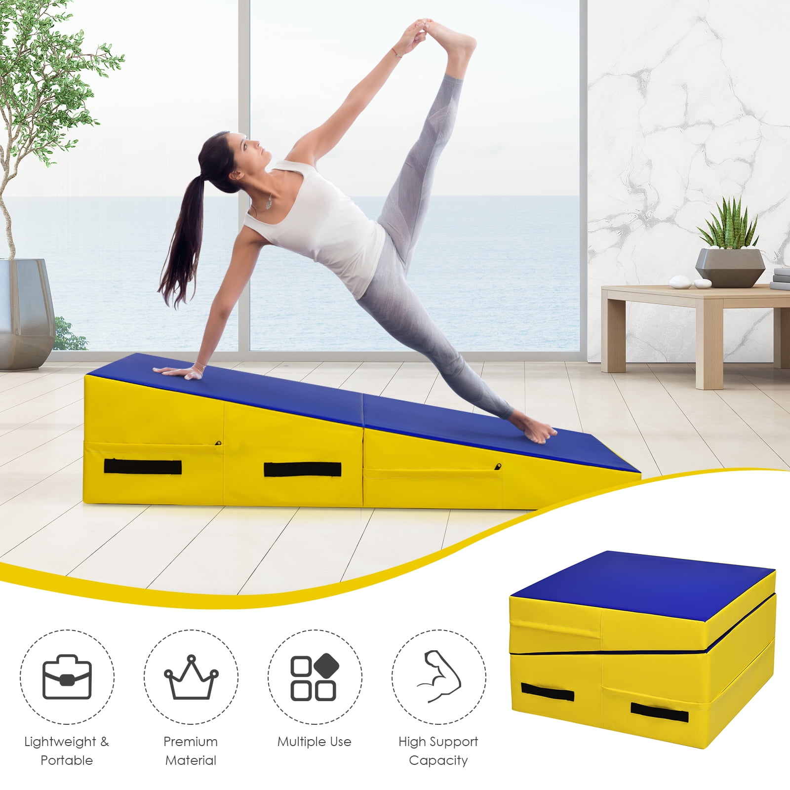 Topbuy Folding Incline Gymnastics Mat Cheese Wedge Shape Tumbling Mat for Training Exercising W Handles Yellow Walmart