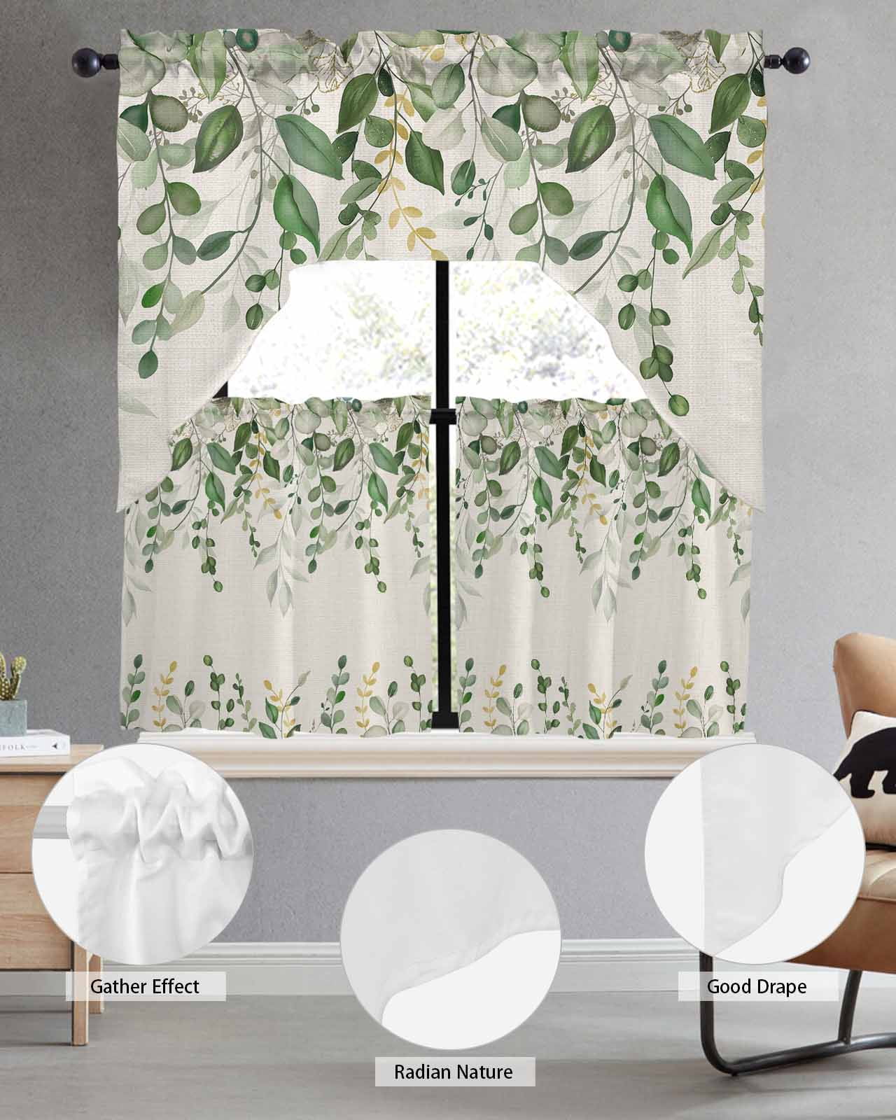 Sage Green Eucalyptus Kitchen Curtains Sets for Windows 3 Piece, Farmhouse Weeping Leaves Linen Kitchen Curtains and Valances Tier Set 36 Inch Length Swag Curtain for Living Room Cafe Bathroom