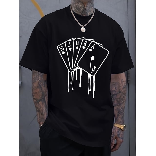 Short Sleeve Casual Tees for Men Melted Playing Cards Print Tee Shirt for Summer, Casual Sporty Tee, Comfy Tee