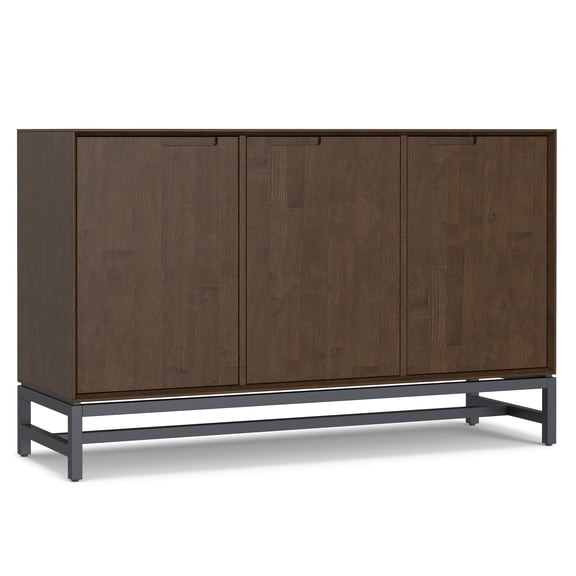 Simpli Home Banting SOLID HARDWOOD and Metal 58 inch x 18 inch Rectangle Modern Industrial 3 Door Sideboard Buffet in Walnut Brown