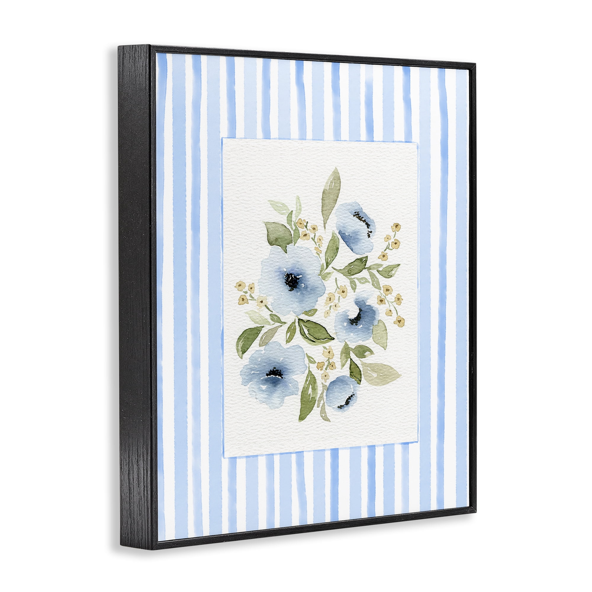 Stupell Industries Flowers with Blue Stripes Black Framed Giclee Art, design by Leah Noel Art
