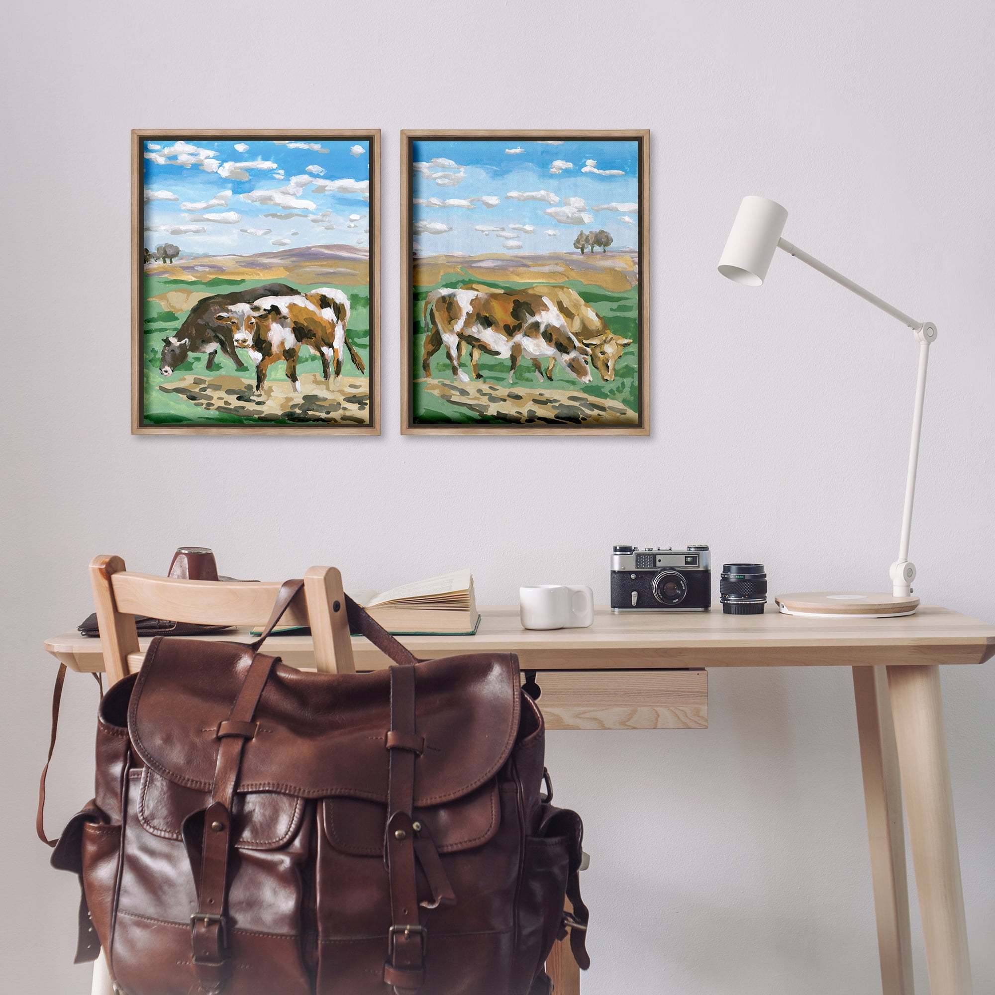 Stupell Industries Cows Grazing in Field Animals Painting Brown Floater Framed Canvas Art Print Wall Art, 17 x 21, Set of 2