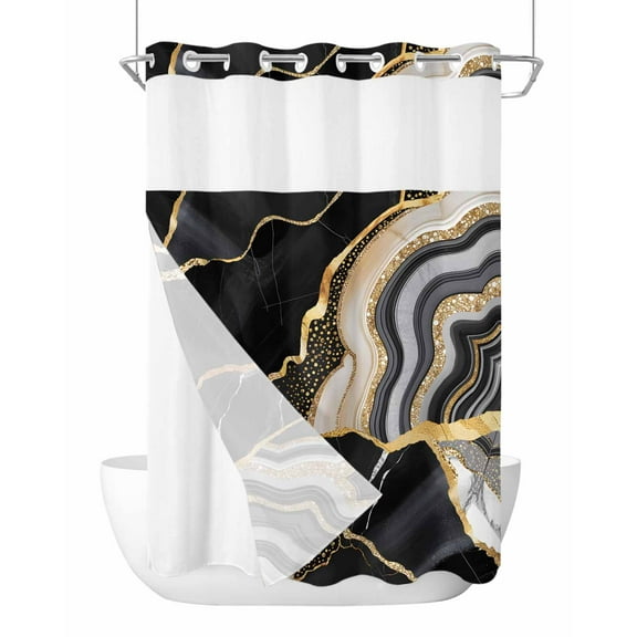 No Hook Cloth Fabric Shower Curtain with Snap in Liner, Black Marble Waterproof Shower Curtains Set with See Through Top Window, Grey Gold Texture Vintage Farmhouse Art Bath Curtains Shower 60"x72"