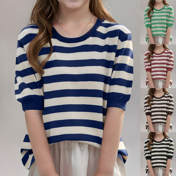 WRKEKC Kids Sweater Crewneck Striped Soft Knit Pullover Short Sleeve Ribbed Breathable Stretchy Layering Top for 6 - 15Y Fall Winter