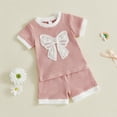 thumbnail image 4 of Conjuntos de blusas y camisas de cuello redondo y manga corta a la moda para niñas de verano, conjuntos casuales de blusa de poliéster con cuello redondo y pantalones cortos abotonados para niños., 4 of 6