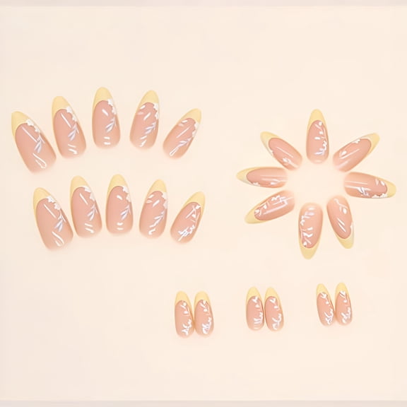 RAGUPEL Almond Acrylic Nails Glossy Yellow Nails French Tip Press on Nails Medium Length Fake Nails Almond French Tip Press on Nails